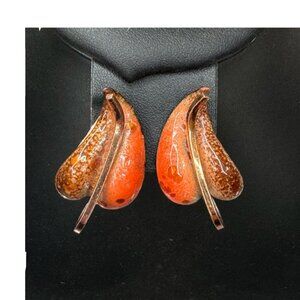 Vintage Matisse Renoir Copper & Enamel Leaf Clip-On Earrings MCM Modern Signed